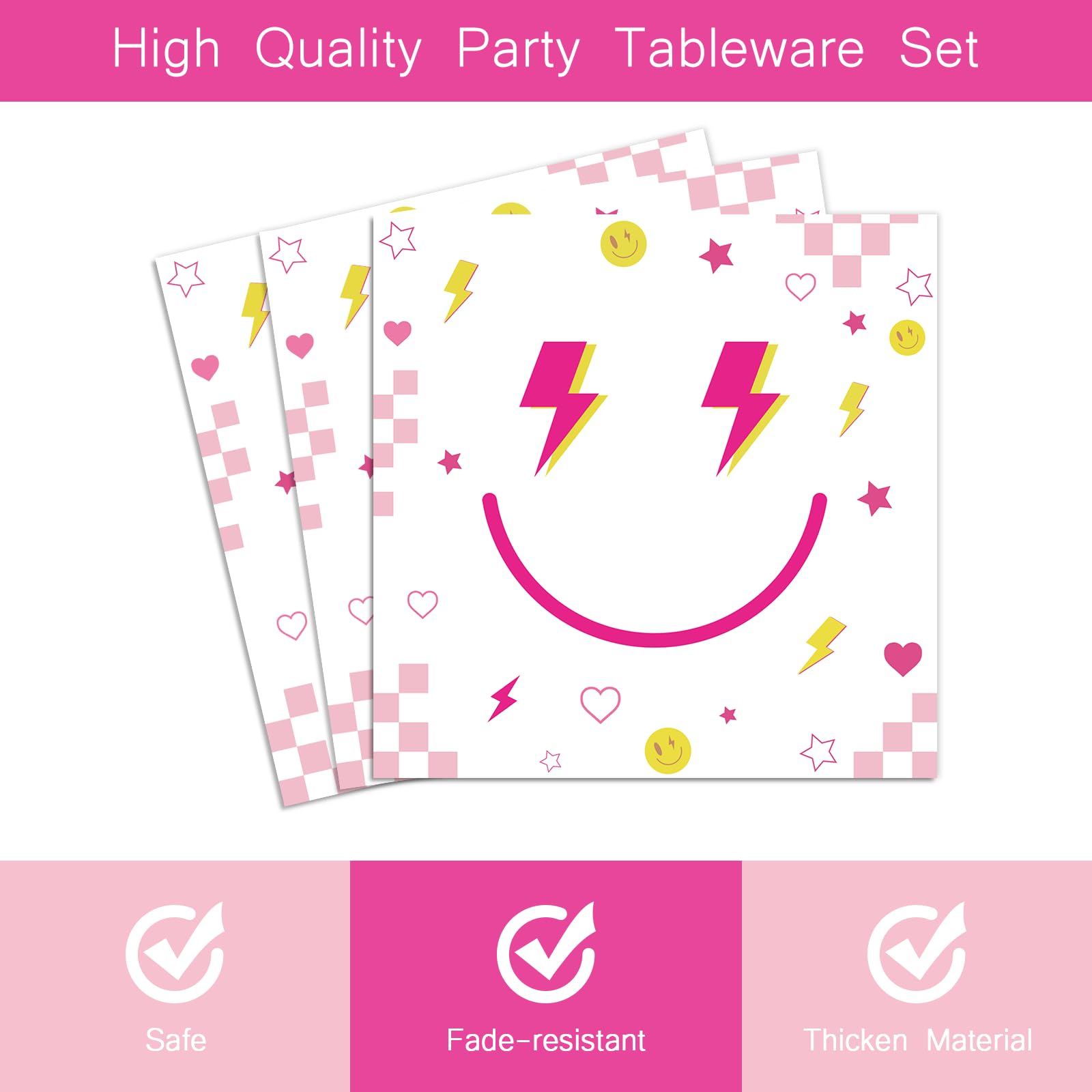 96 Pieces Preppy Birthday Tableware Set Smile Face Party Decorations for Girls Pink Preppy Smile Dessert Plates Napkins Forks for 24 Guests Bachelorette Baby Shower Supplies