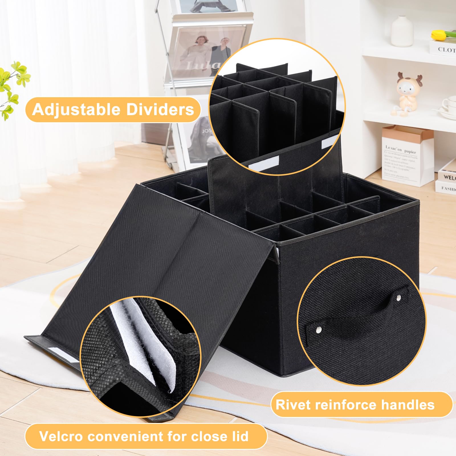 2 Pack Shoe Storage Organizer for Closet Fits 32 Pairs, Shoe Storage Box Bins with Adjustable Dividers for Shoes, Sandal, Sneakers and High Heeled, Stackable and Foldable (Black)