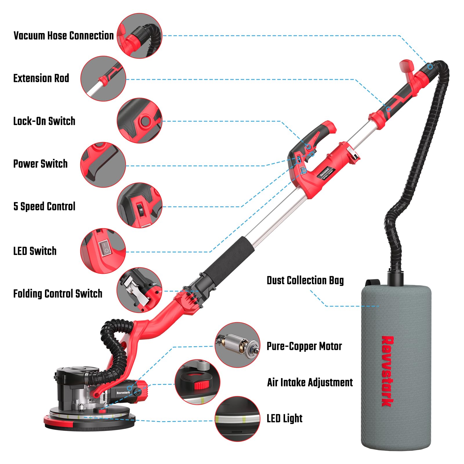 Revvstark Drywall Sander, Electric Drywall Sander with Vacuum Dust Collection 7.33-Amp 880W, Floor Sanders 5 Variable Speed 500-1800RPM with LED Light, 10 Pcs Sanding Discs & 2 Pcs Grid Sandpaper—Red