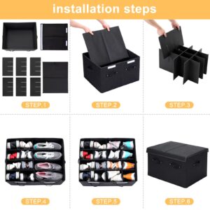 Shoe Storage Organizer for Closet Fits 16 Pairs, Shoe Storage Box Bins with Adjustable Dividers for Shoes, Sandal, Sneakers and High Heeled, Stackable and Foldable (Black)