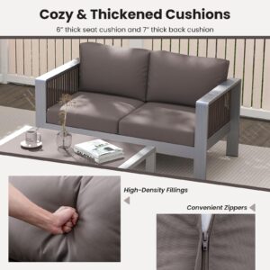 Tangkula Patio Aluminum Loveseat Sofa, Outdoor Furniture Set with Thick Back & Seat Cushions, Outside 2 Seats Sofa Conversation Set for Yard, Balcony, Garden (Gray)