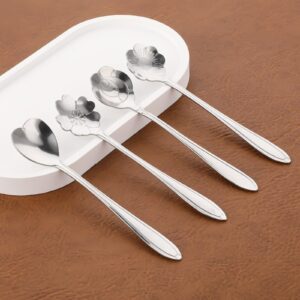 8 Pcs Flower Dessert Spoons, Stainless Steel Coffee Teaspoon Set - Cute Mini Tableware for Demitasse Espresso, 4 Styles (Silver)