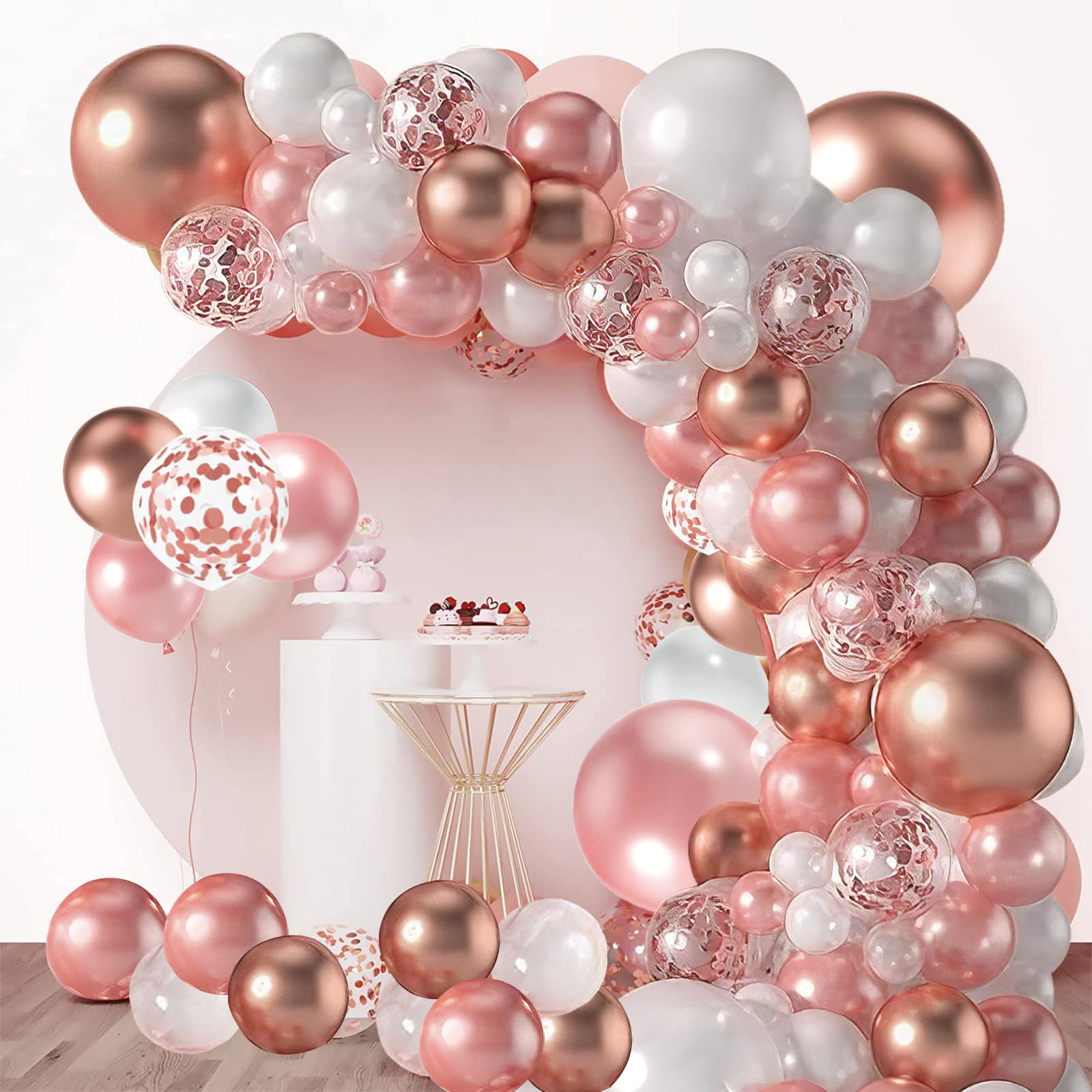 Rose Gold Balloon Garland Kit,104pcs Rose Gold White Balloon Arch Rose Gold White Confetti Latex Balloons For Women Girls Birthday Wedding Baby Shower Graduation Bachelorette Party Decorations