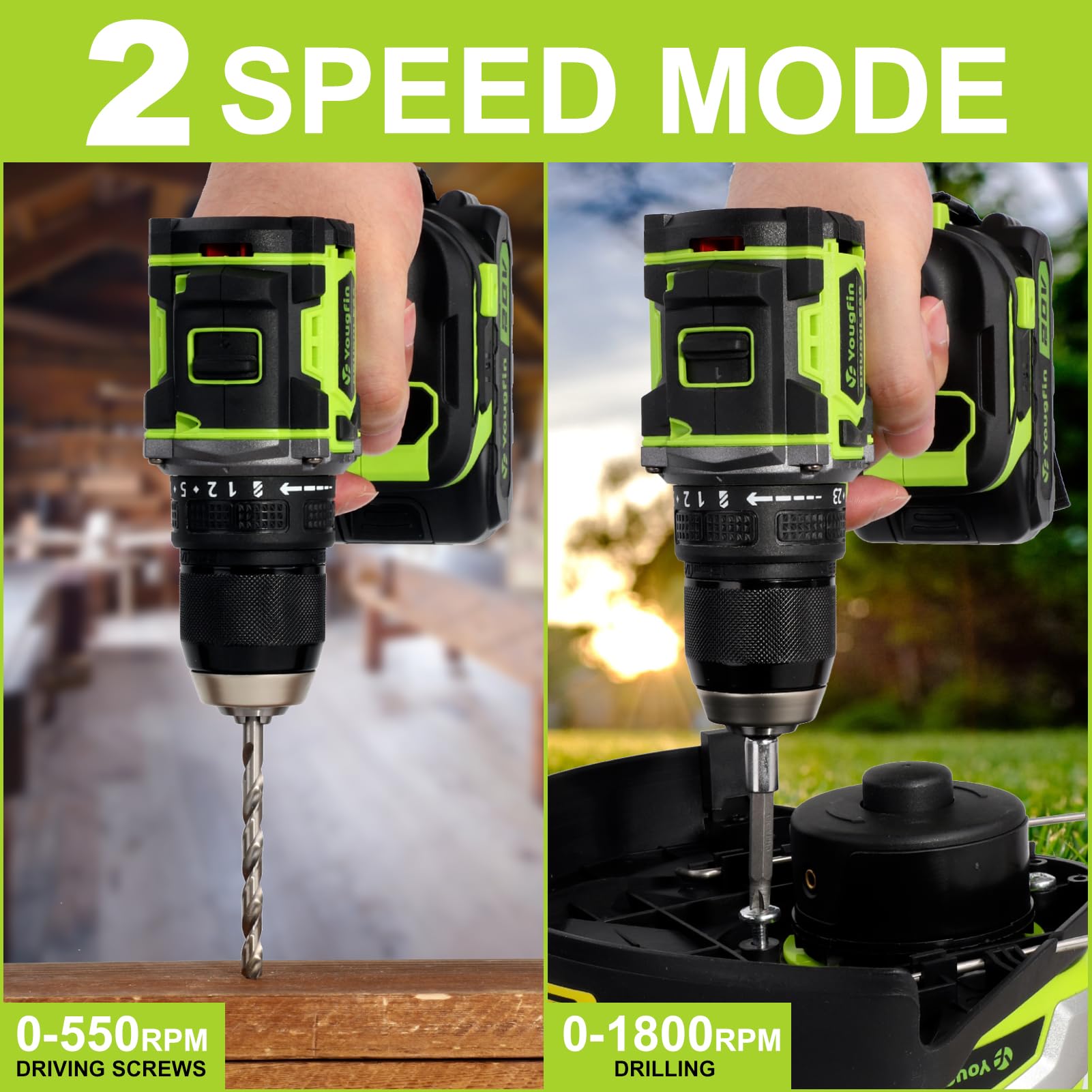 YOUGFIN Brushless Cordless Drill Diver Set Heavy Duty for Home Use, 20v Rechargeable Battery Powered Drills with Charger 45N.M, 23+1 Torque, 2 Speed Mode Electric Wall Drill Machine 2-13mm Chuck