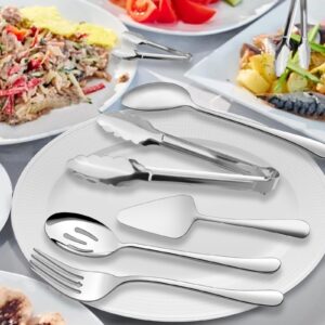 Serving Utensils, XEVOM 6-Piece Stainless Steel Serving Utensil Set Include Serving Spoon, Slotted Serving Spoon, Serving Fork,Serving Tong, Appetizers Tong,Pie Server (Silver)