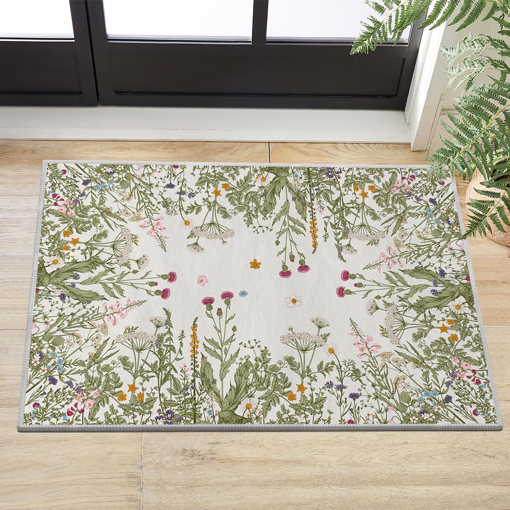 Artoid Mode Antique Herbs and Wild Flowers Area Rug, Spring Fall Bath Rug Home Decor Low-Profile Non-Slip Washable Mat for Entryway Bedroom Bathroom Laundry Room Indoor 2x3 Feet