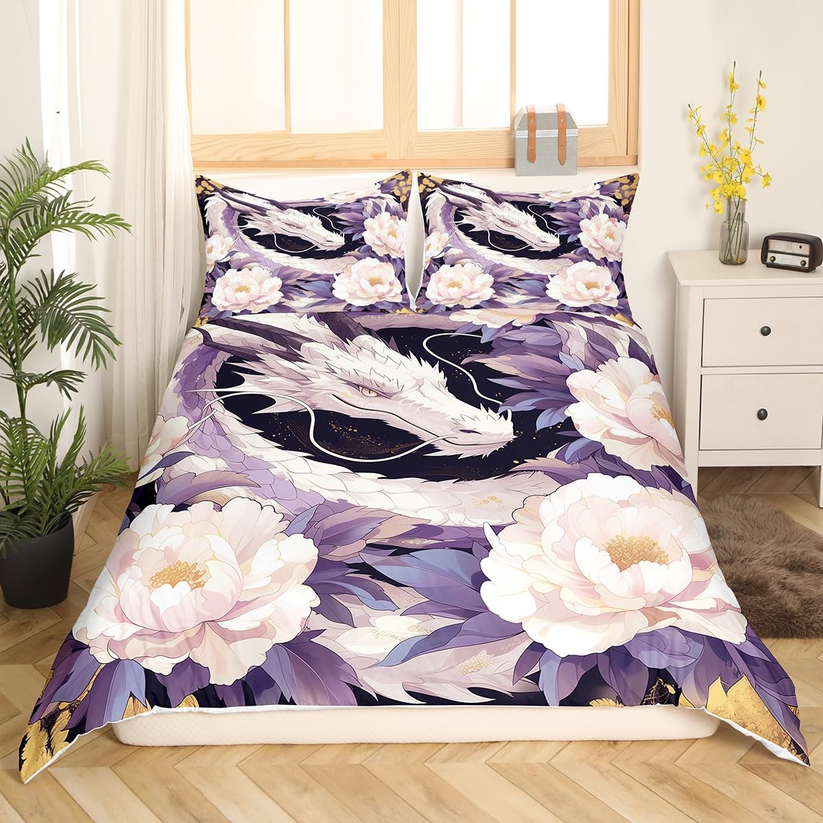 Manfei Dragon Exotic Bedding Set Twin Size,Wild Ancient Animal Purple Dragon Starry Duvet Cover with 1 Pillow,Artistic White Flowers Blooming Floral Quilt Cover(No Filler),2 Pcs