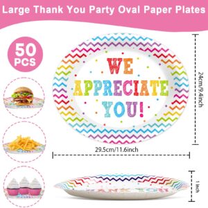 50 PCS Thank You Party Decoration We Appreciate You Oval Paper Plates 11inch Large Volunteer Teacher Appreciation Platters, Be Thankful to Teacher Doctor Staff Dish Tray for Graduate Party Tableware