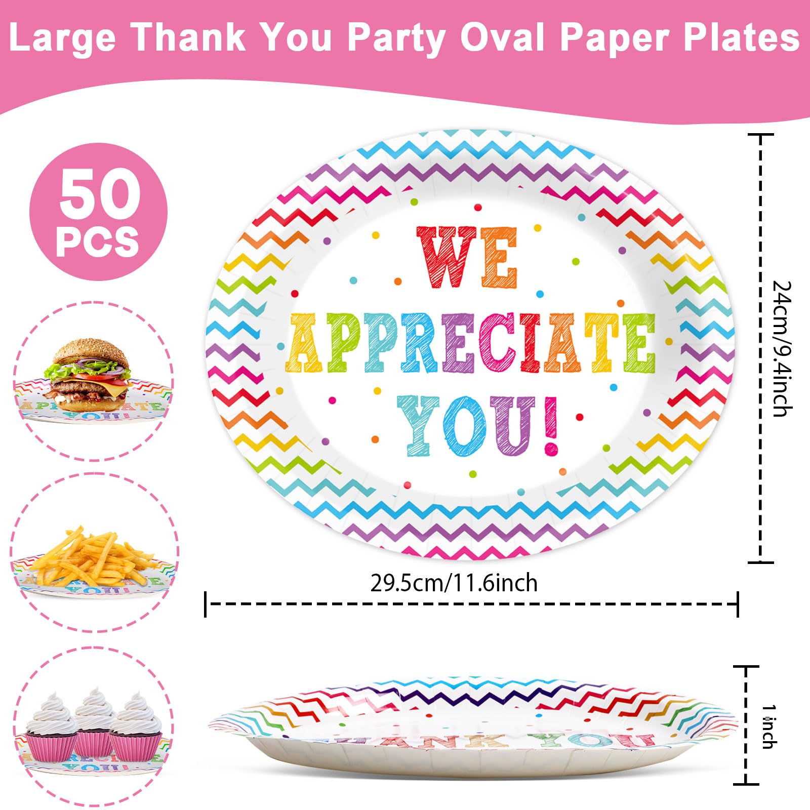 50 PCS Thank You Party Decoration We Appreciate You Oval Paper Plates 11inch Large Volunteer Teacher Appreciation Platters, Be Thankful to Teacher Doctor Staff Dish Tray for Graduate Party Tableware