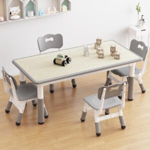 Kids Table and 4 Chairs Set, Height Adjustable Toddler Table and Chair Set for Ages 2-10, Graffiti Desktop, Non-Slip Legs, Children Table and Chair Set for Daycare Classroom Home, Grey