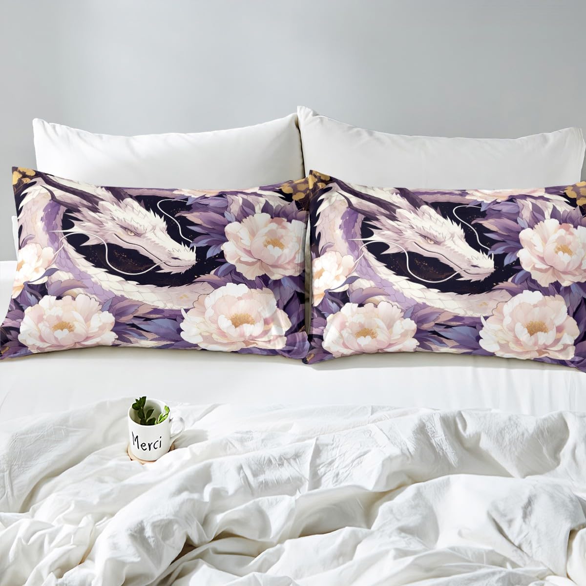 Manfei Dragon Exotic Bedding Set Twin Size,Wild Ancient Animal Purple Dragon Starry Duvet Cover with 1 Pillow,Artistic White Flowers Blooming Floral Quilt Cover(No Filler),2 Pcs