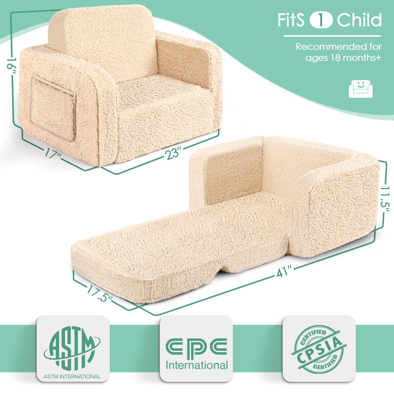 ACRABROS Kids Couch Toddler Chair: Sofa Bed Fold Out for Girls Boys Beige