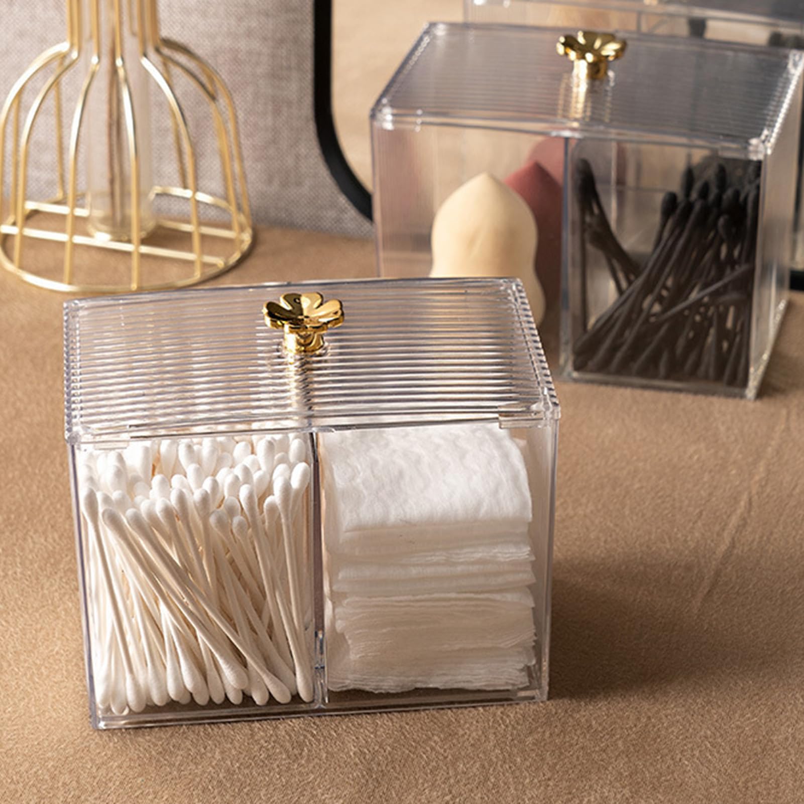 Estink Cotton Pad Storage Box, Portable Cotton Pad Holder Dispenser Swab Container Holder Transparent with Lid Grid for Cosmetics Makeup Swab Storage Box Desktop Decoration