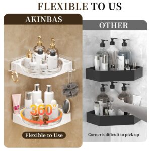 akinbas Corner Shower 2 Tier Caddy Lazy Susan Organizer 360 Rotating Corner Shelf Wall Mounted with No Drilling Shelves for Bathroom Dorm and Kitchen (White)