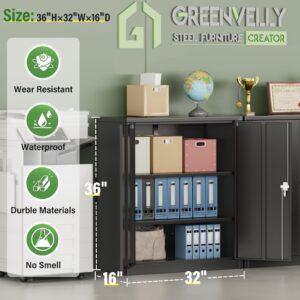 Greenvelly Metal Storage Cabinet with Doors and Shelves,Lockable Storage Cabinet for Office,36”Black Metal Utility Cabinet Garage Cabinets, Lockable File Cabinet for Home Office, Garage, Kitchen, Shop