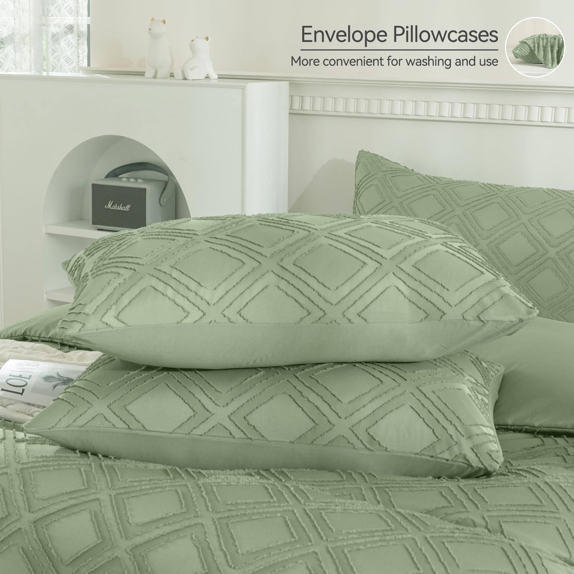 JELLYMONI Light Green Duvet Cover Full Size - 3 PCS Microfiber Tufted Duvet Cover Set, Boho Textured Duvet Cover Jacquard Rhombus Geometric Pattern Duvet Cover with Corner Ties & Zipper Closure