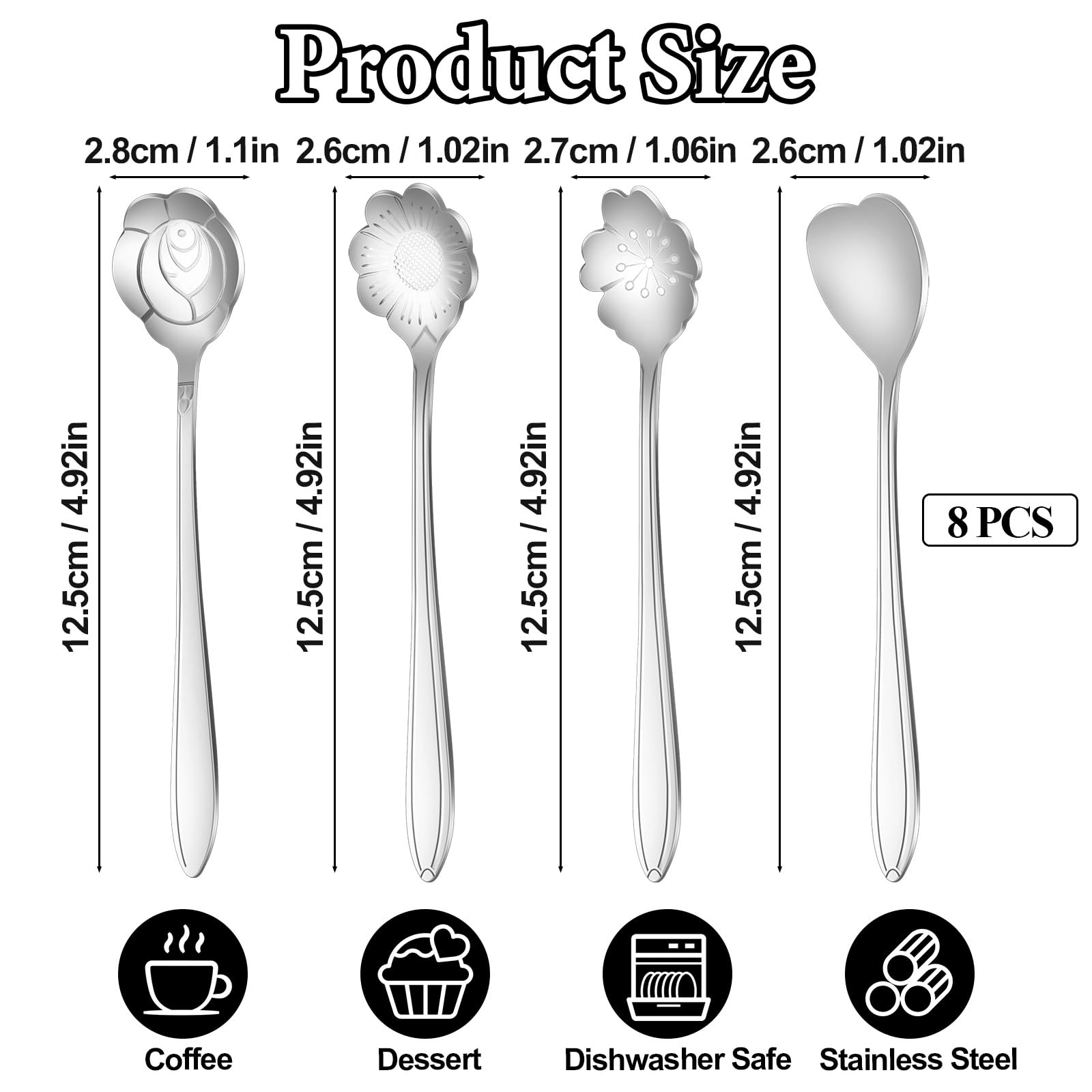 8 Pcs Flower Dessert Spoons, Stainless Steel Coffee Teaspoon Set - Cute Mini Tableware for Demitasse Espresso, 4 Styles (Silver)