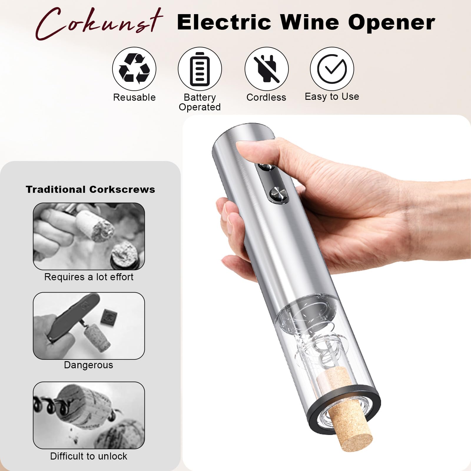 COKUNST Electric Wine Opener, Battery Operated Corkscrews Wine Bottles Openers with Foil Cutter & LED Light, Reusable Automatic Wine Remover Stainless Steel for Wine Lover Home Kitchen Party