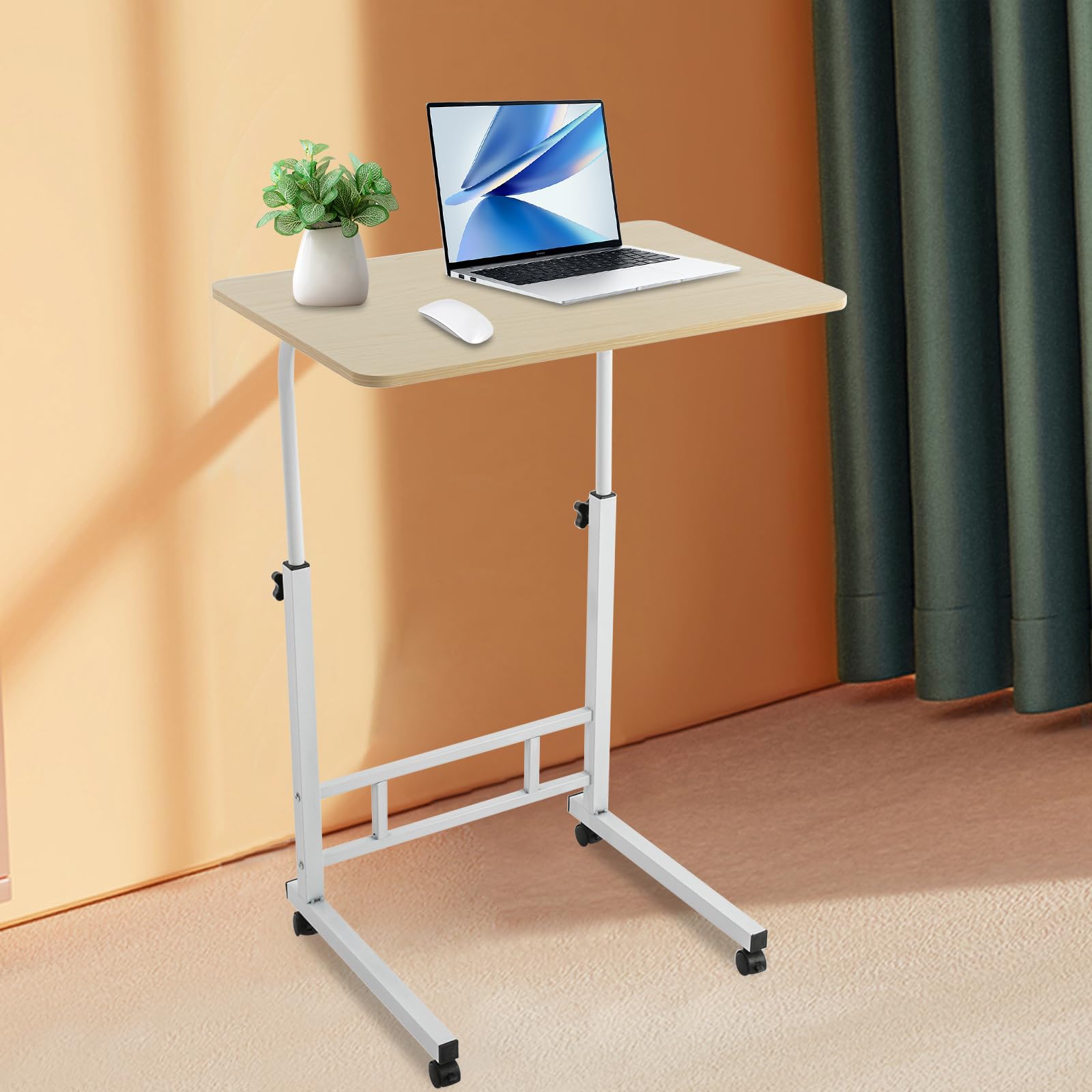 Small Standing Desk - Rolling Computer Stand with Adjustable Height - 23.62'' x 15.75'' Portable Rolling Desk Computer Desk - Laptop Desk Home Bedroom PC Table - Laptop Desk (White Maple Color)