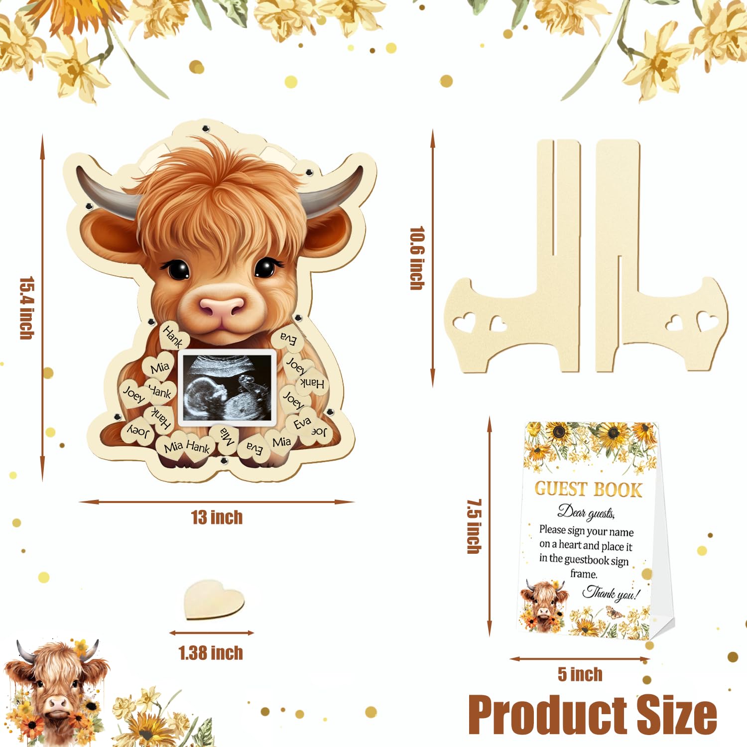 generic 65 Pcs Highland Cow Baby Shower Decorations Guest Book, Baby Shower Guest Book Alternatives with Photo Frame, 60 Wood Slices Cow Baby Shower Guest Book for Boys Grils Baby Shower