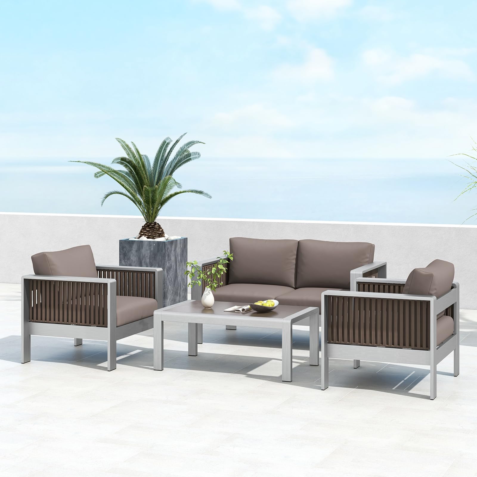 Tangkula Patio Aluminum Loveseat Sofa, Outdoor Furniture Set with Thick Back & Seat Cushions, Outside 2 Seats Sofa Conversation Set for Yard, Balcony, Garden (Gray)