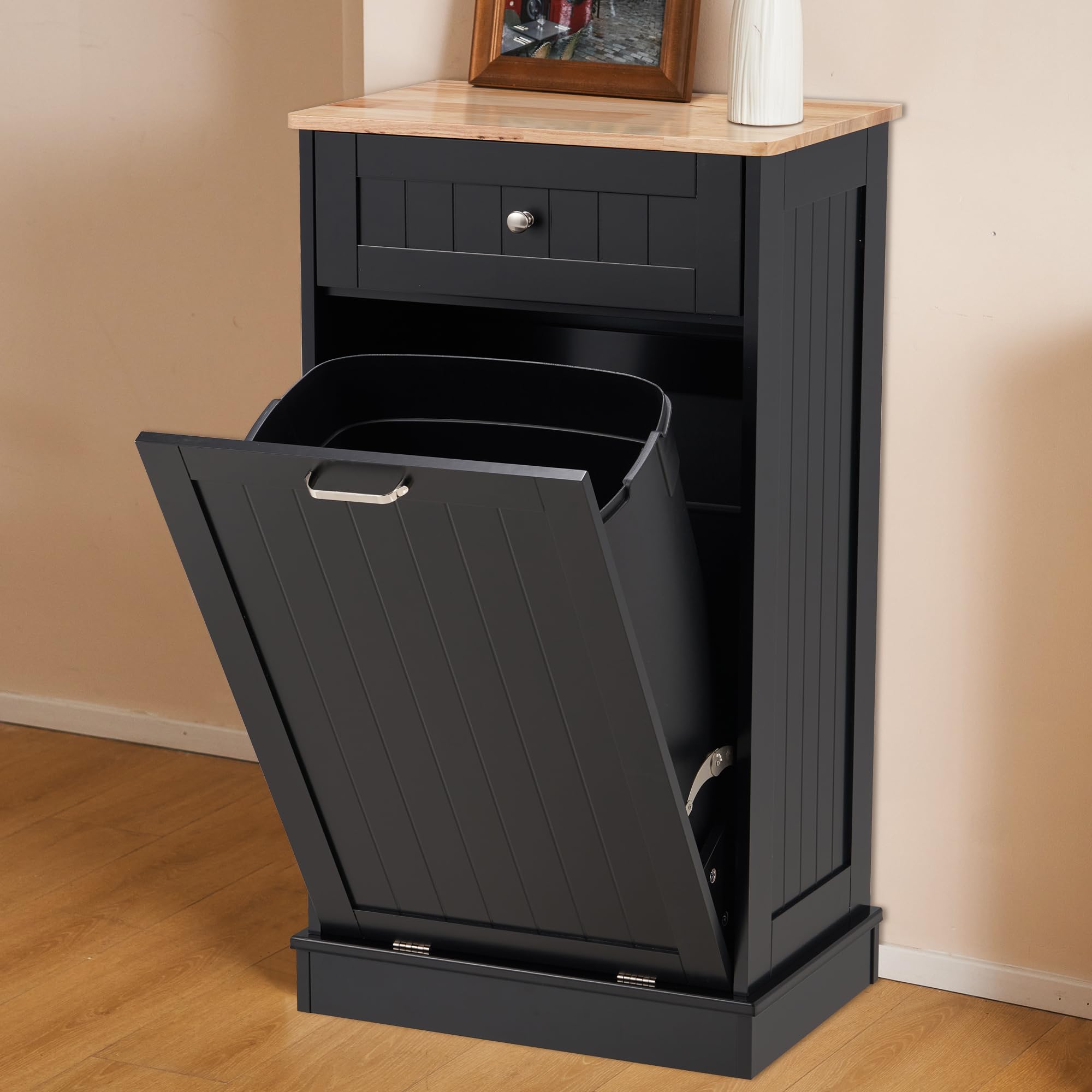 AHB 13 Gallons Tilt Out Trash Cabinet, Hidden Trash Can Kitchen Wooden Tilt Out Pet Proof Hidden Trash Bin for Kitchen Living Room,Black