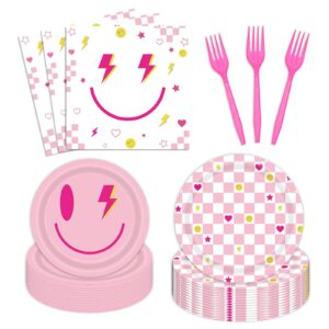 96 pieces preppy birthday tableware set smile face party decorations for girls pink preppy smile dessert plates napkins forks for 24 guests bachelorette baby shower supplies