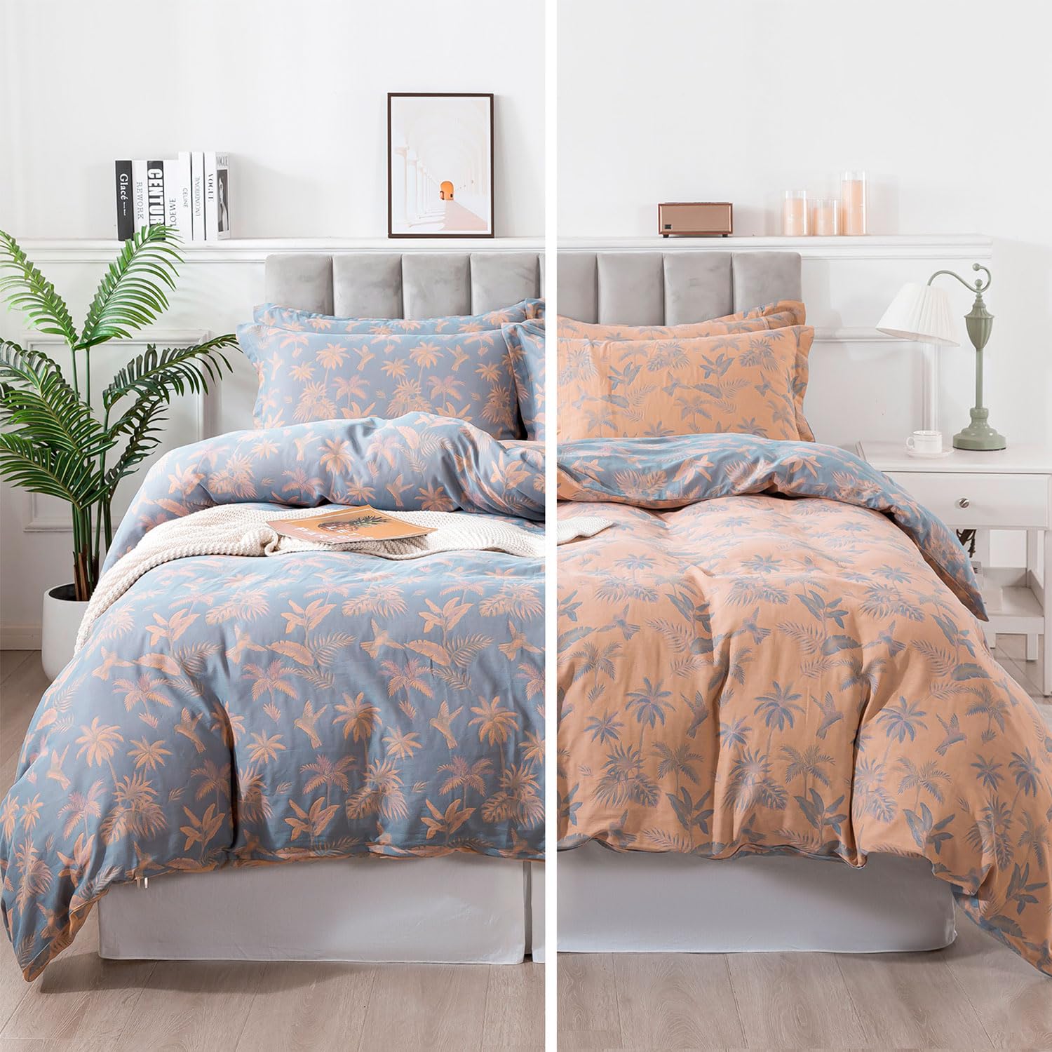 FADFAY Muslin Duvet Cover King Size, Dirty Blue Orange 100% Washed Cotton Double -Layer Tropical Bird Duvet Cover Set, Linen Like Gauze Comforter Cover Set with Zipper Closure & Corner Ties, 3Pcs