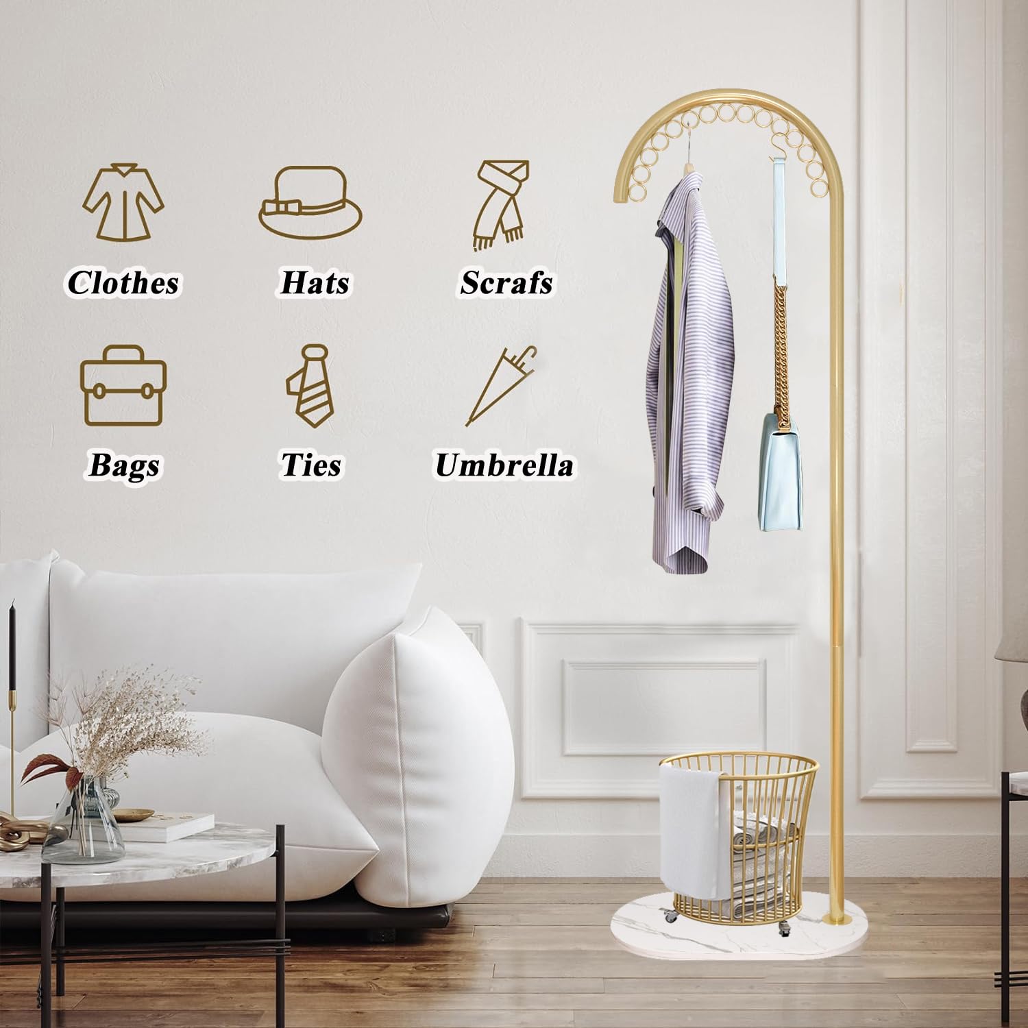 CQAEBK Metal Coat Rack Freestanding, Entryway Clothes Hanger Stand with 15 Hooks & Marble Base, L Shaped Garment Display Rack for Living Room Retail Bathroom, Gold/White, 19.7x11.8x63.8in