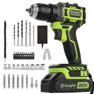 yougfin brushless cordless drill diver set heavy duty for home use, 20v rechargeable battery powered drills with charger 45n.m, 23+1 torque, 2 speed mode electric wall drill machine 2-13mm chuck