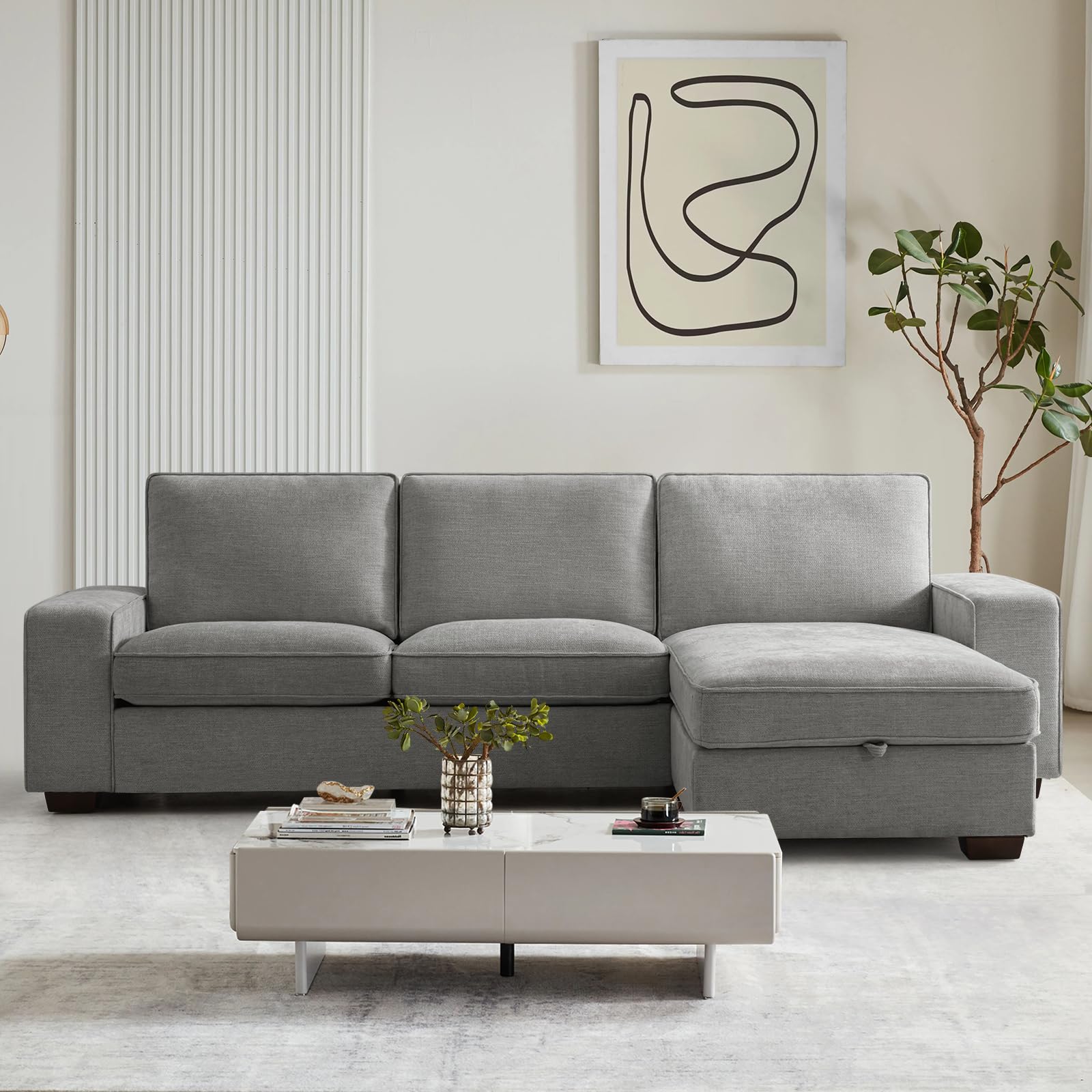 COHOME 100" L-Shaped Couch with Storage, Chenille Upholstered Deep Seat Couch for Living Room, Sofa with Reversible Chaise, Removable Covers, 4-Seater Apartment Sofa with Charge Ports,Grey