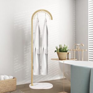 CQAEBK Metal Coat Rack Freestanding, Entryway Clothes Hanger Stand with 15 Hooks & Marble Base, L Shaped Garment Display Rack for Living Room Retail Bathroom, Gold/White, 19.7x11.8x63.8in