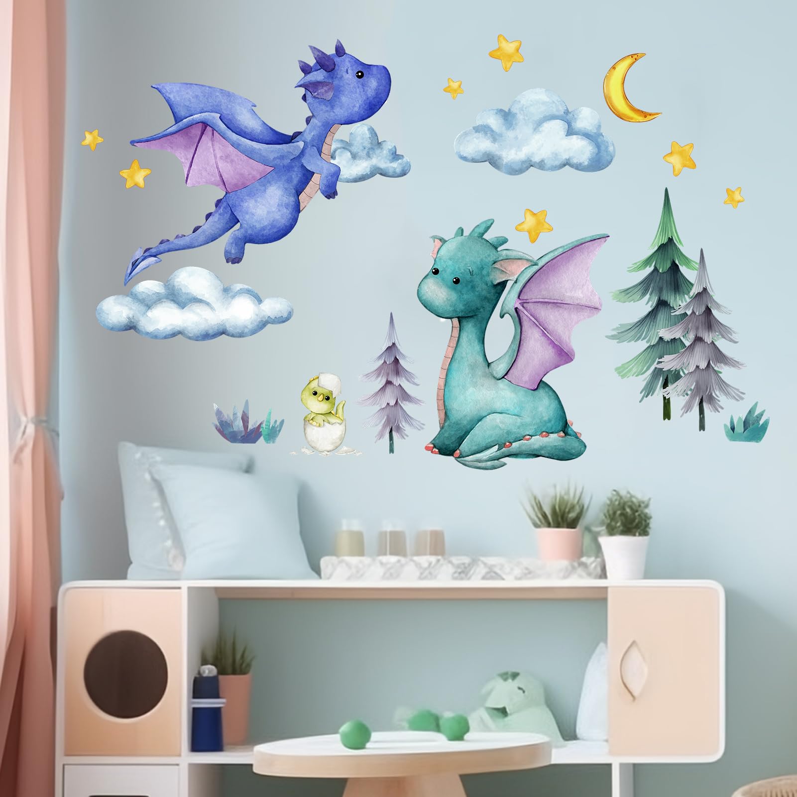 Amimagen Baby Dragon Wall Stickers - Star Moon Dragon Eggs Wall Decals - Baby Bedroom Boys Nursery Kids Room Daycare Wall Decor