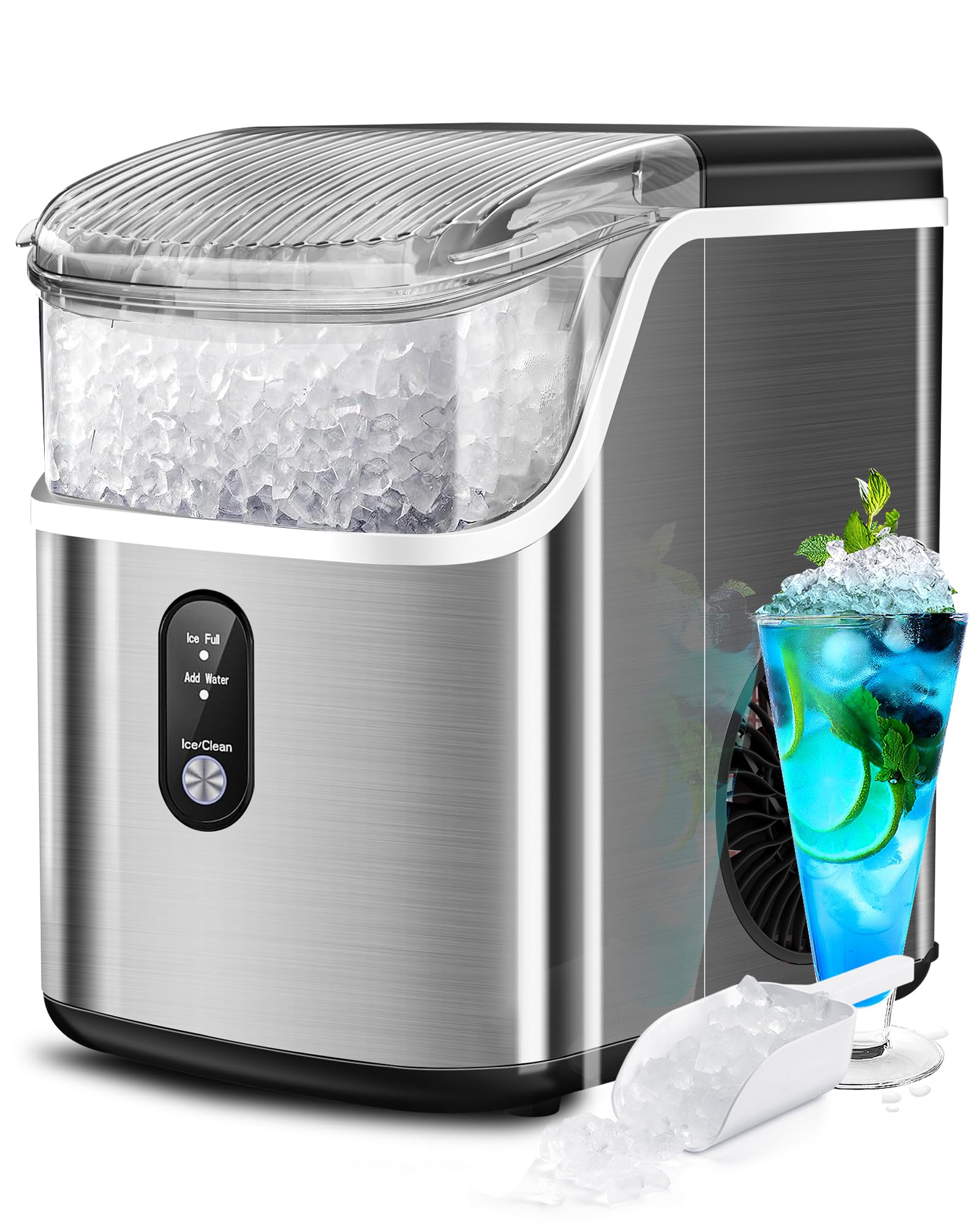 Havato Nugget Ice Maker Countertop with Soft Chewable Pellet Ice,Pebble Portable Ice Machine with Ice Scoop, 34lb in 24Hrs, One-Click Operation, Self-Cleaning, Stainless