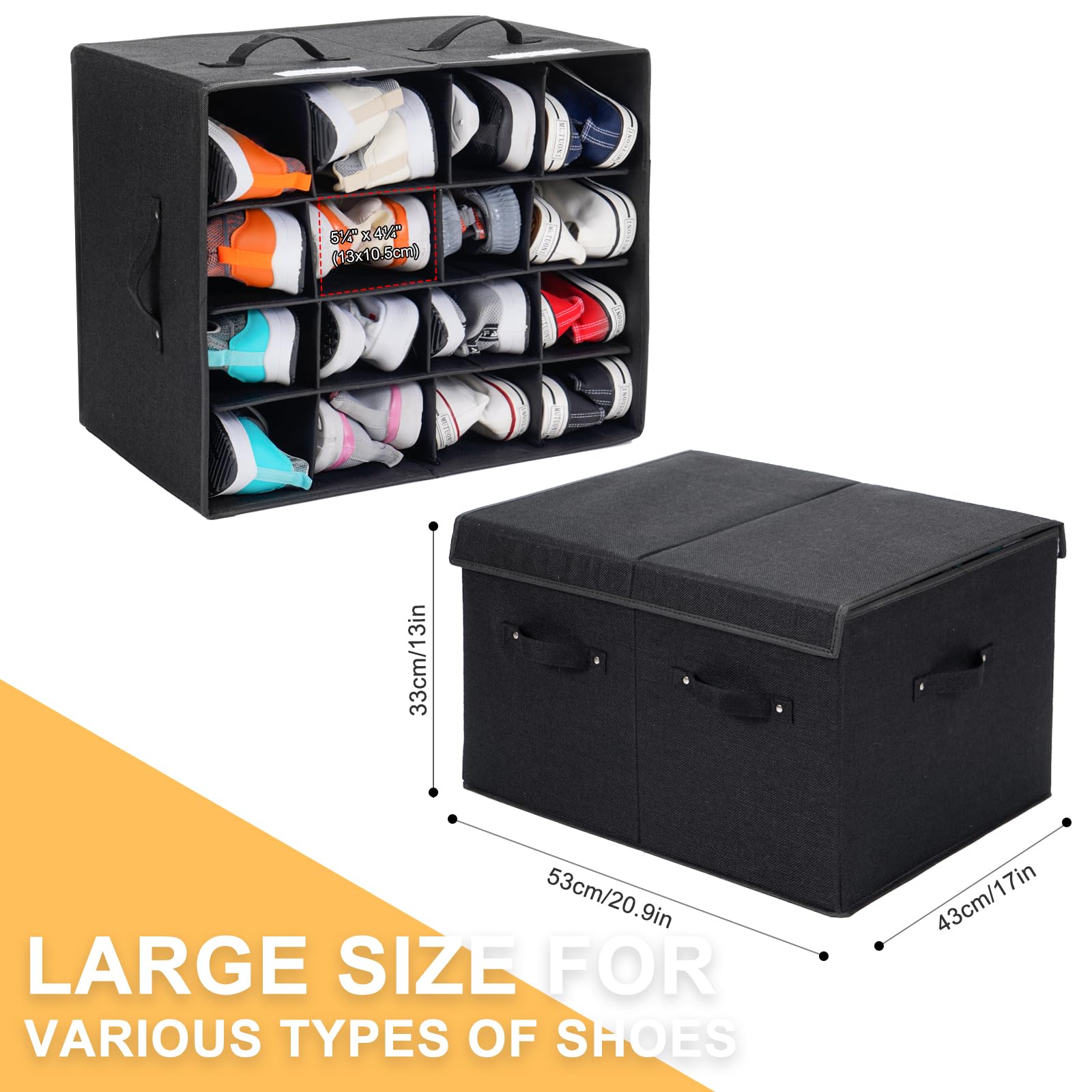 2 Pack Shoe Storage Organizer for Closet Fits 32 Pairs, Shoe Storage Box Bins with Adjustable Dividers for Shoes, Sandal, Sneakers and High Heeled, Stackable and Foldable (Black)