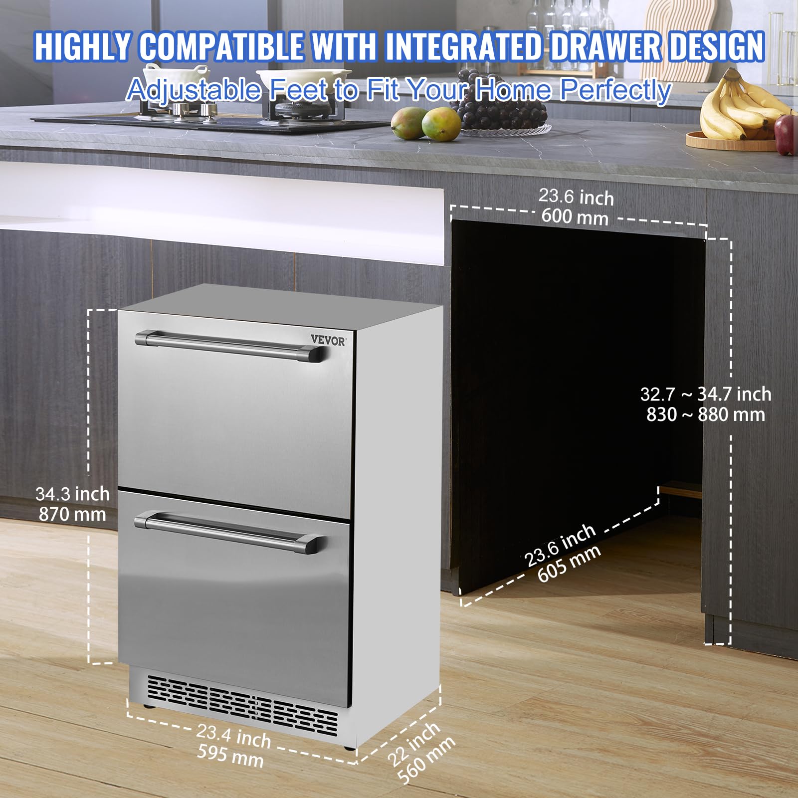 VEVOR 24 inch Undercounter Refrigerator, 2 Drawer Refrigerator with Different Temperature, 4.87 Cu.ft. Capacity, Waterproof Indoor and Outdoor Under Counter Freezer Fridge for Home and Commercial Use