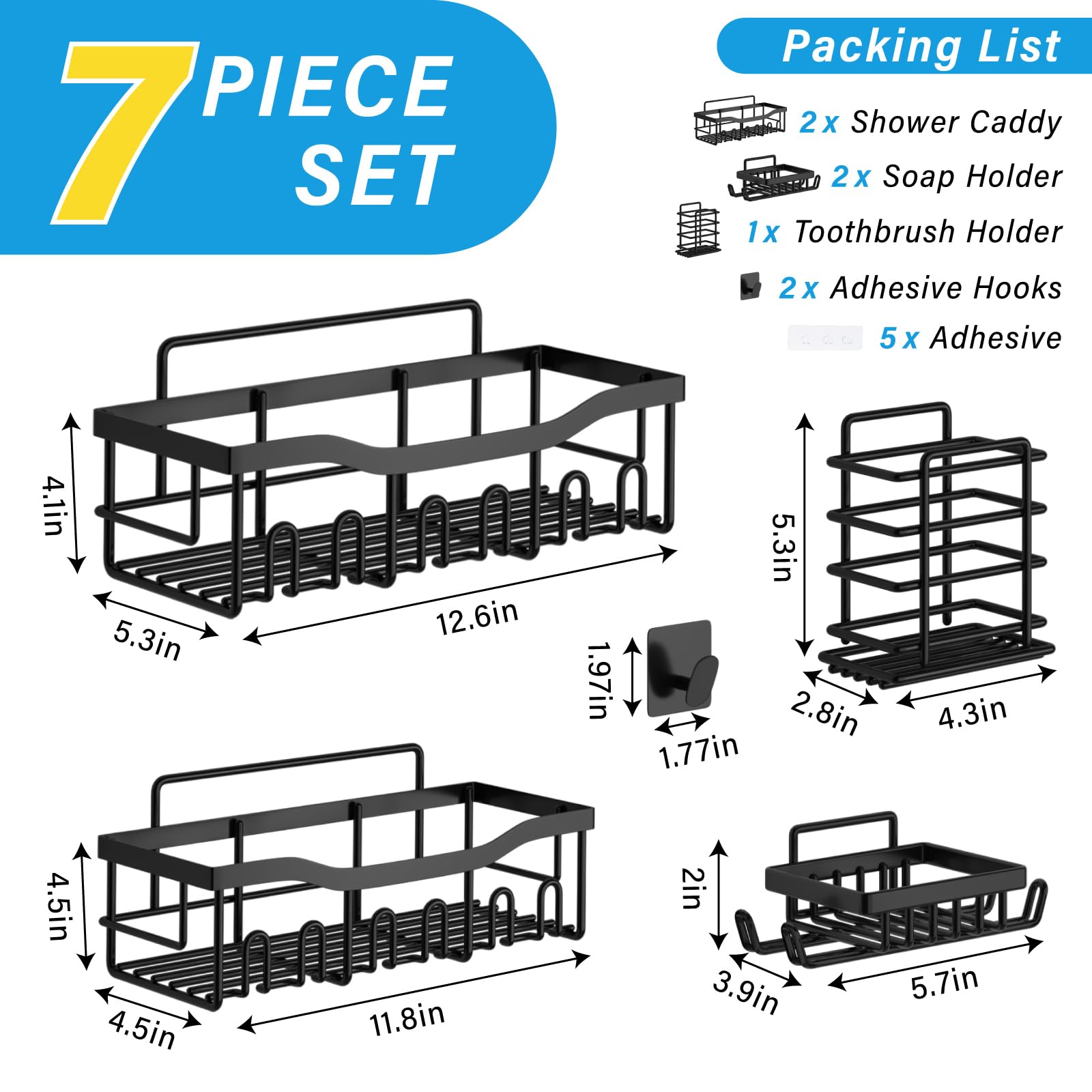 Vertdens 7 Pack Shower Caddy Shelf Organizer Rack，Adhesive Shower Caddy， Adhesive Shower Caddy Organizer Shelves Rack, Shower Shelves， Applicable to for Home Décor and Bathroom Storage