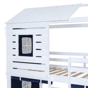 Linique Twin Size Bunk Wood House Bed with Blue Tent,Window,House Roof Design,Twin Size Floor Bunkbeds Frame for Boys & Girls,Blue+White