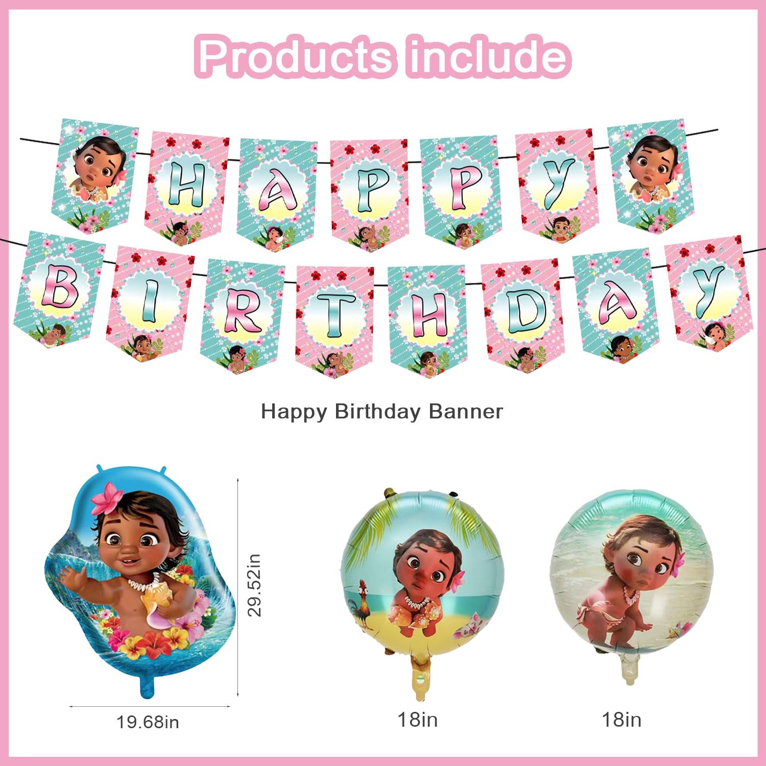 Generic Baby Moana Birthday Party Decorations, Moana Princess Theme Party Supplies set with Banner, Cake Cupcake Toppers, Foil Balloons for Kids Girls Fans Birthday Baby Shower Decorations