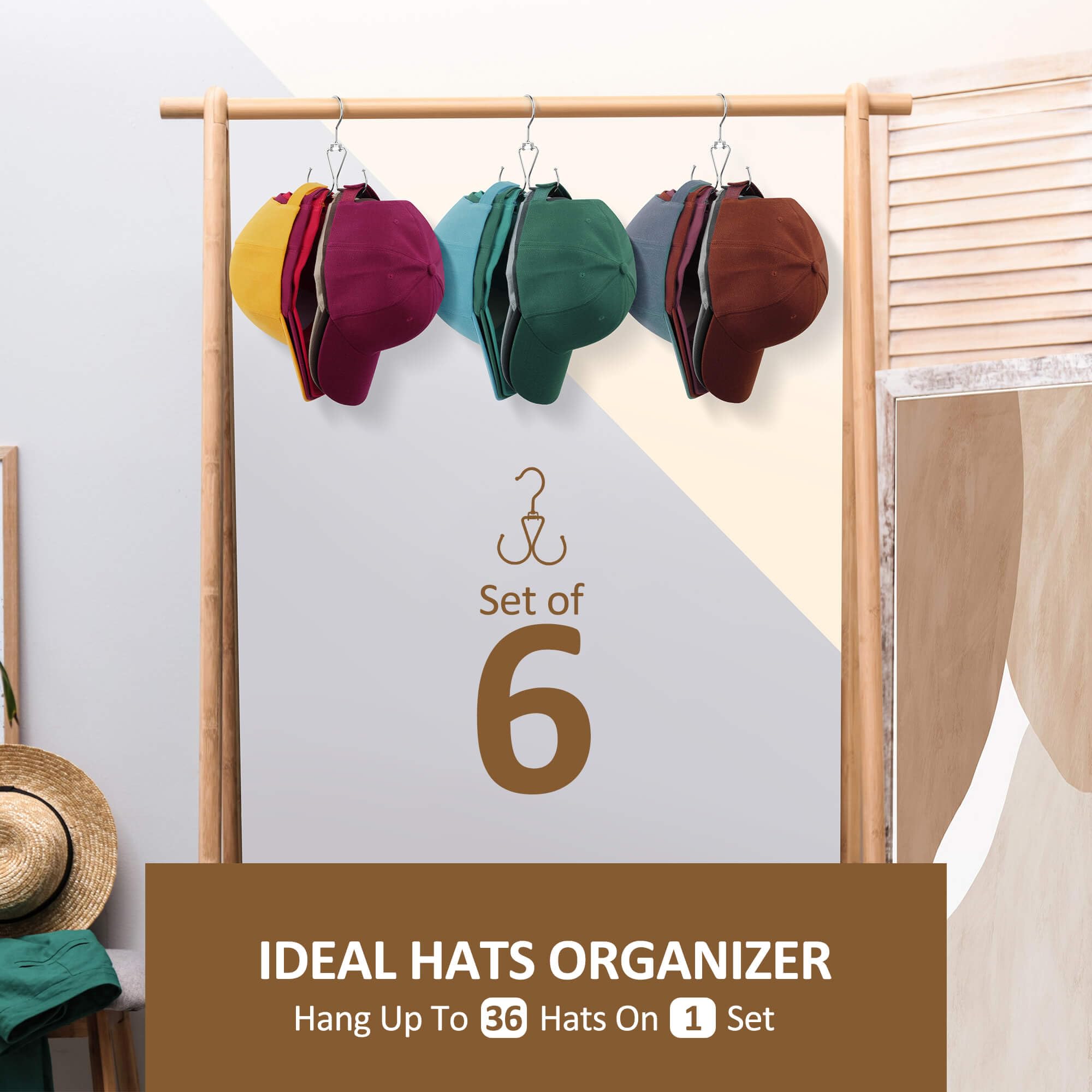 ZEDODIER 6 Pack Hat Organizer for Closet, Heavy Duty Rotatable Hat Hanger for Baseball Cap, Metal Hat Rack with 12 Hooks for Hat Storage, Silver