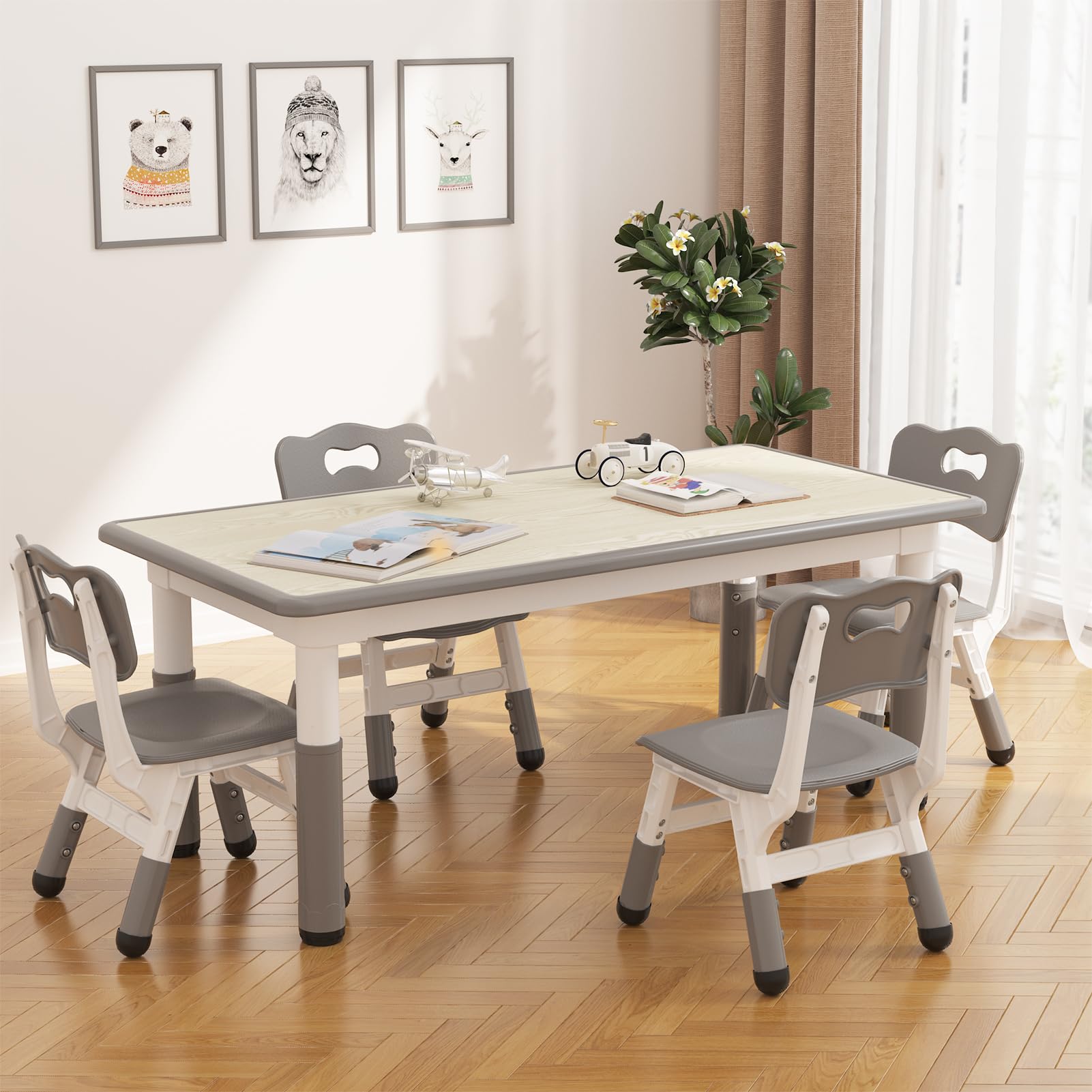 Kids Table and 4 Chairs Set, Height Adjustable Toddler Table and Chair Set for Ages 2-10, Graffiti Desktop, Non-Slip Legs, Children Table and Chair Set for Daycare Classroom Home, Grey