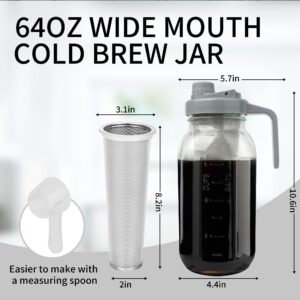 BTWD Cold Brew Coffee Maker, 64oz Glass Mason Jar Pitcher Iced Tea Maker Wide Mouth Spout Lid Airtight with Handle Stainless Steel Filter for Iced Coffee, Ice Lemonade, Fruit Drinks, with Spoon/Brush