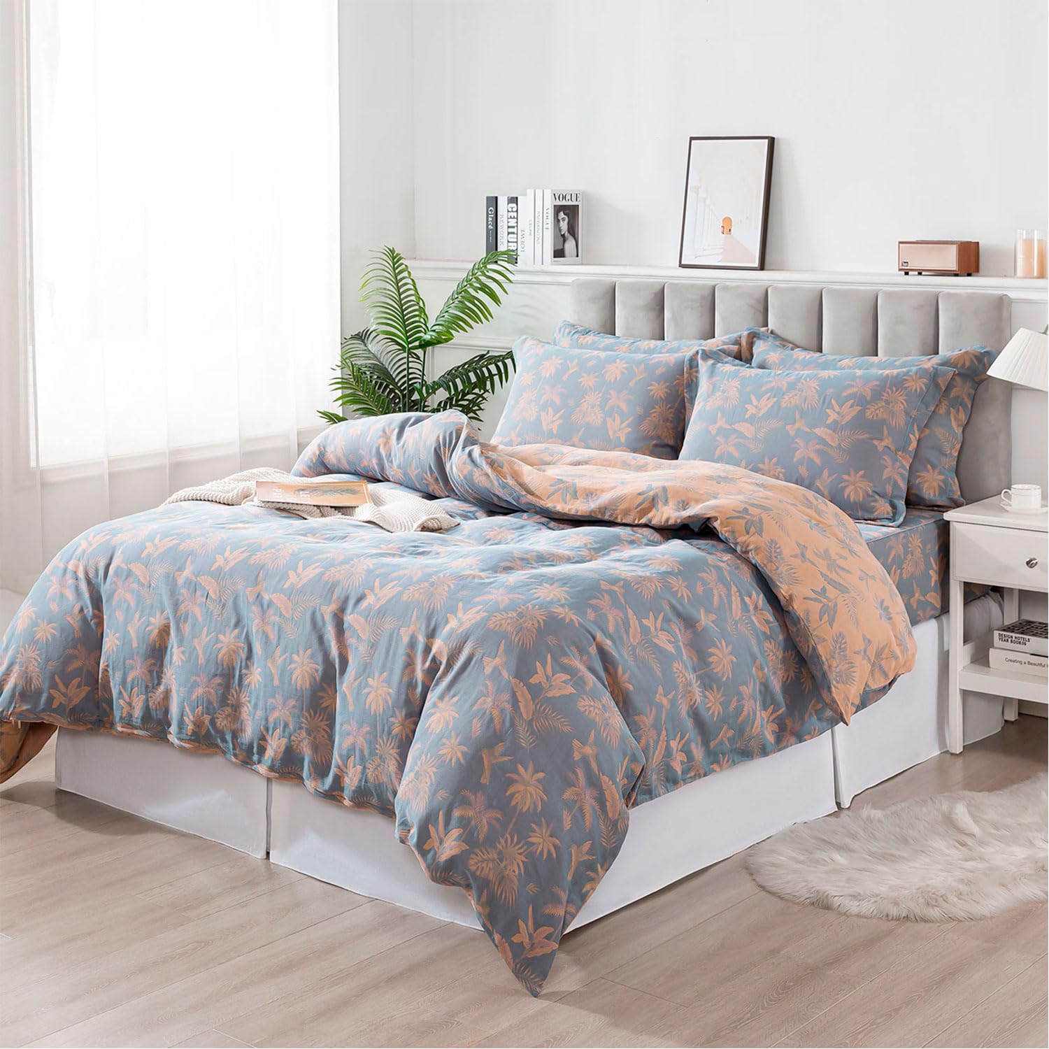 FADFAY Muslin Duvet Cover King Size, Dirty Blue Orange 100% Washed Cotton Double -Layer Tropical Bird Duvet Cover Set, Linen Like Gauze Comforter Cover Set with Zipper Closure & Corner Ties, 3Pcs