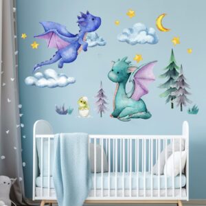 Amimagen Baby Dragon Wall Stickers - Star Moon Dragon Eggs Wall Decals - Baby Bedroom Boys Nursery Kids Room Daycare Wall Decor