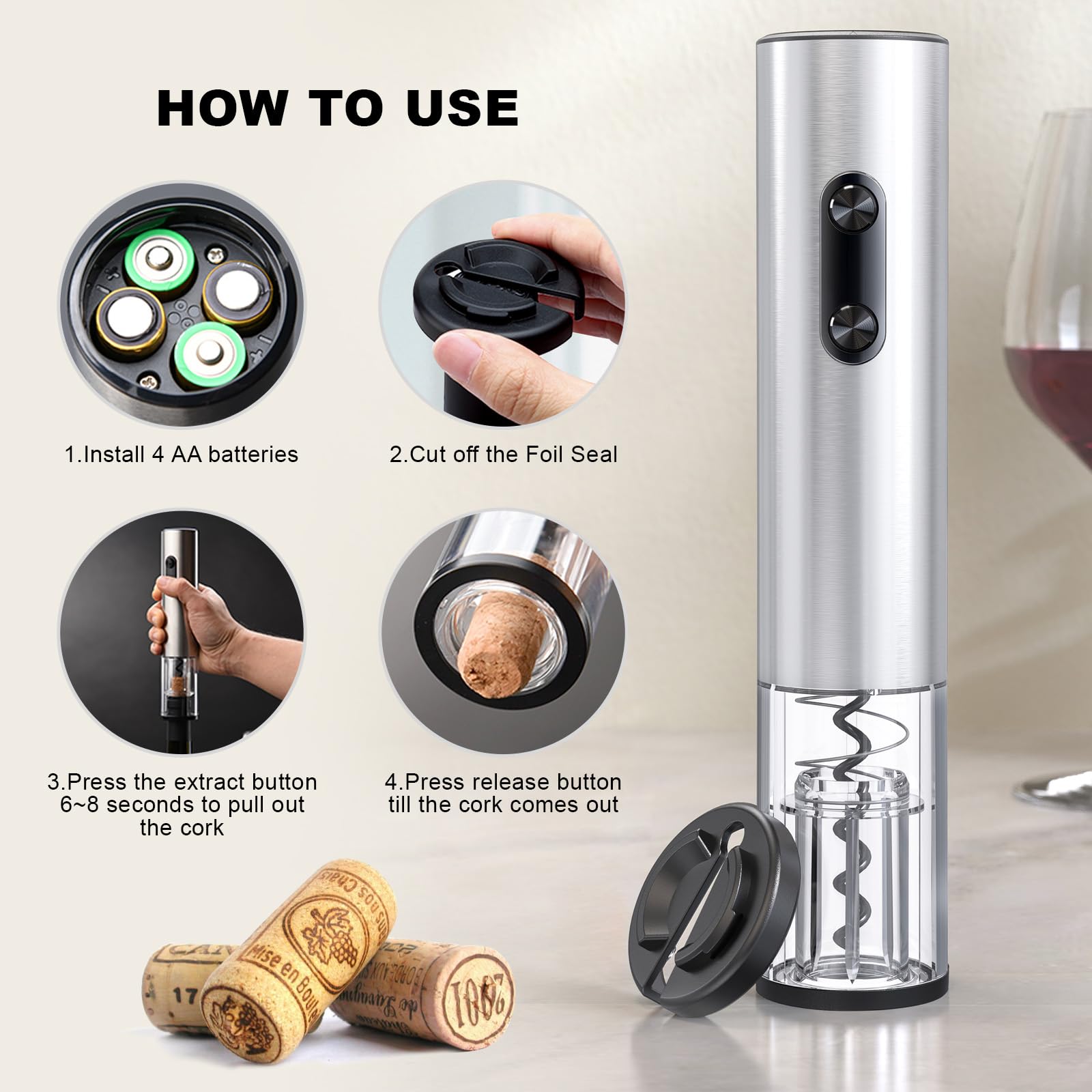 COKUNST Electric Wine Opener, Battery Operated Corkscrews Wine Bottles Openers with Foil Cutter & LED Light, Reusable Automatic Wine Remover Stainless Steel for Wine Lover Home Kitchen Party