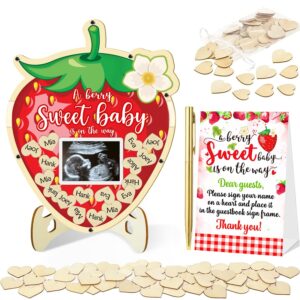 generic 65 pcs strawberry baby shower decorations guest book, baby shower guest book alternatives with photo frame, 60 wood slices berry sweet baby shower decorations for grils baby shower