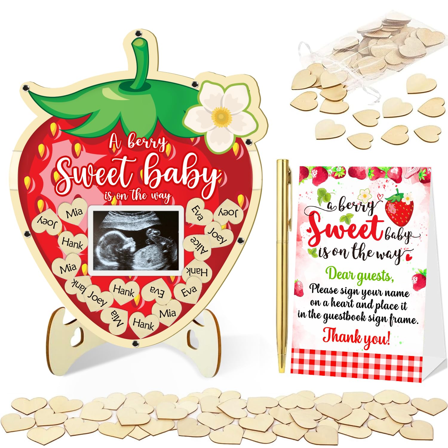 generic 65 Pcs Strawberry Baby Shower Decorations Guest Book, Baby Shower Guest Book Alternatives with Photo Frame, 60 Wood Slices Berry Sweet Baby Shower Decorations for Grils Baby Shower