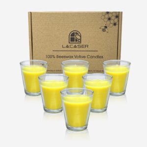 beeswax votive candles in glass votive holders-6pcs pack, hand-poured bees wax votive candles for home décor spa party meditation, dripless & unscented, burning time 12 hours,1.96"x2.36" each