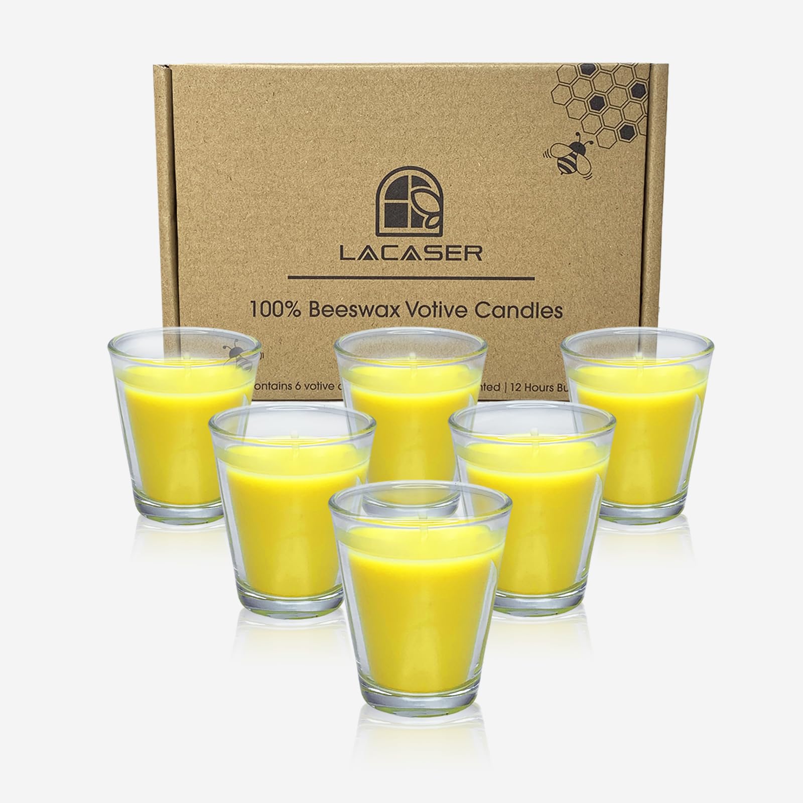 Beeswax Votive Candles in Glass Votive Holders-6pcs Pack, Hand-Poured Bees Wax Votive Candles for Home Décor Spa Party Meditation, Dripless & Unscented, Burning Time 12 Hours,1.96"x2.36" Each