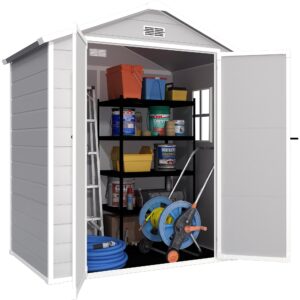 uhomepro outdoor storage shed,6x4 ft resin shed with floor included,weather-resistant plastic shed with window,for garden/backyard/patio tool storage,well house,bike shed,pet house (grey)